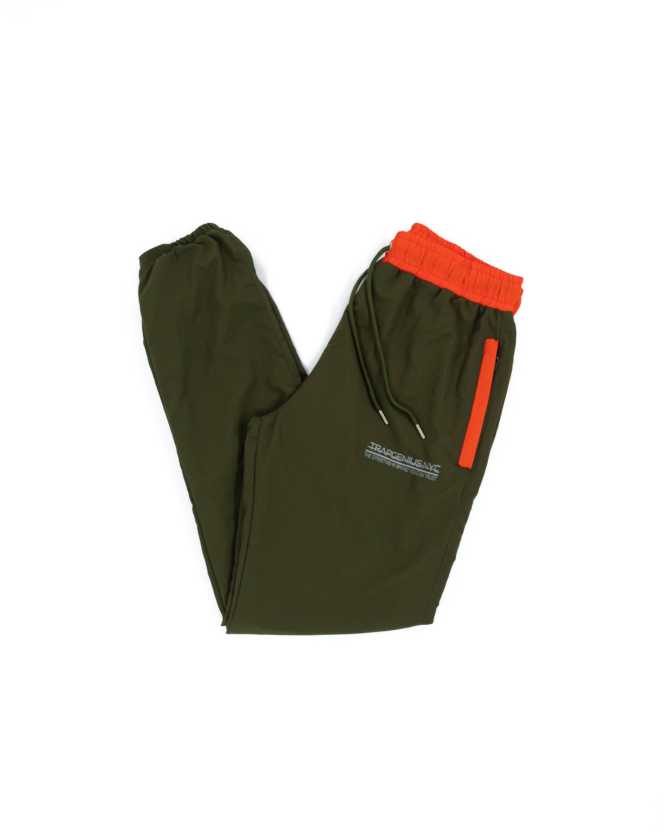 Trap Genius Bag Logo Nylon Pants- Olive Green