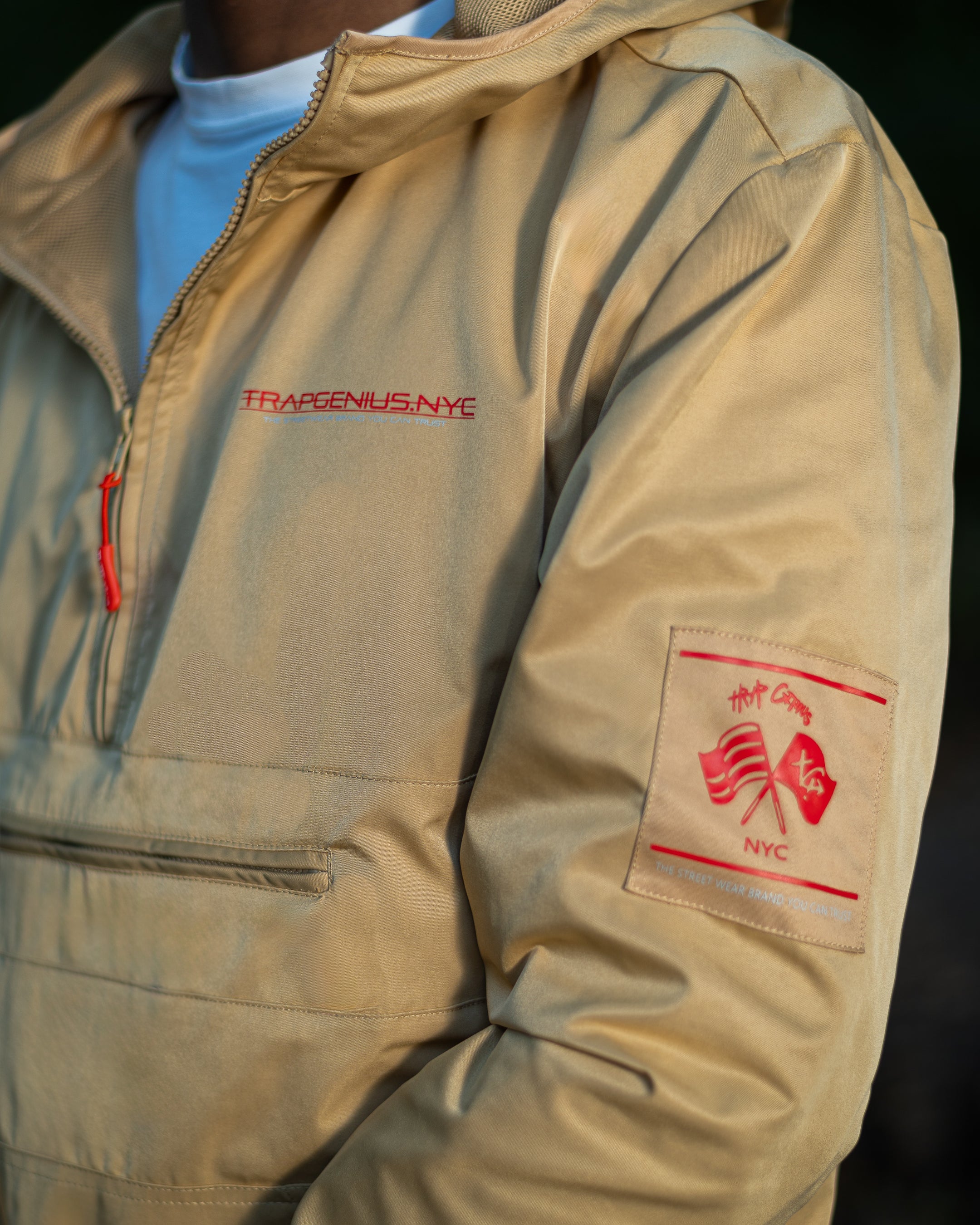 Trap Genius Beige Nylon Pullover Hoodie