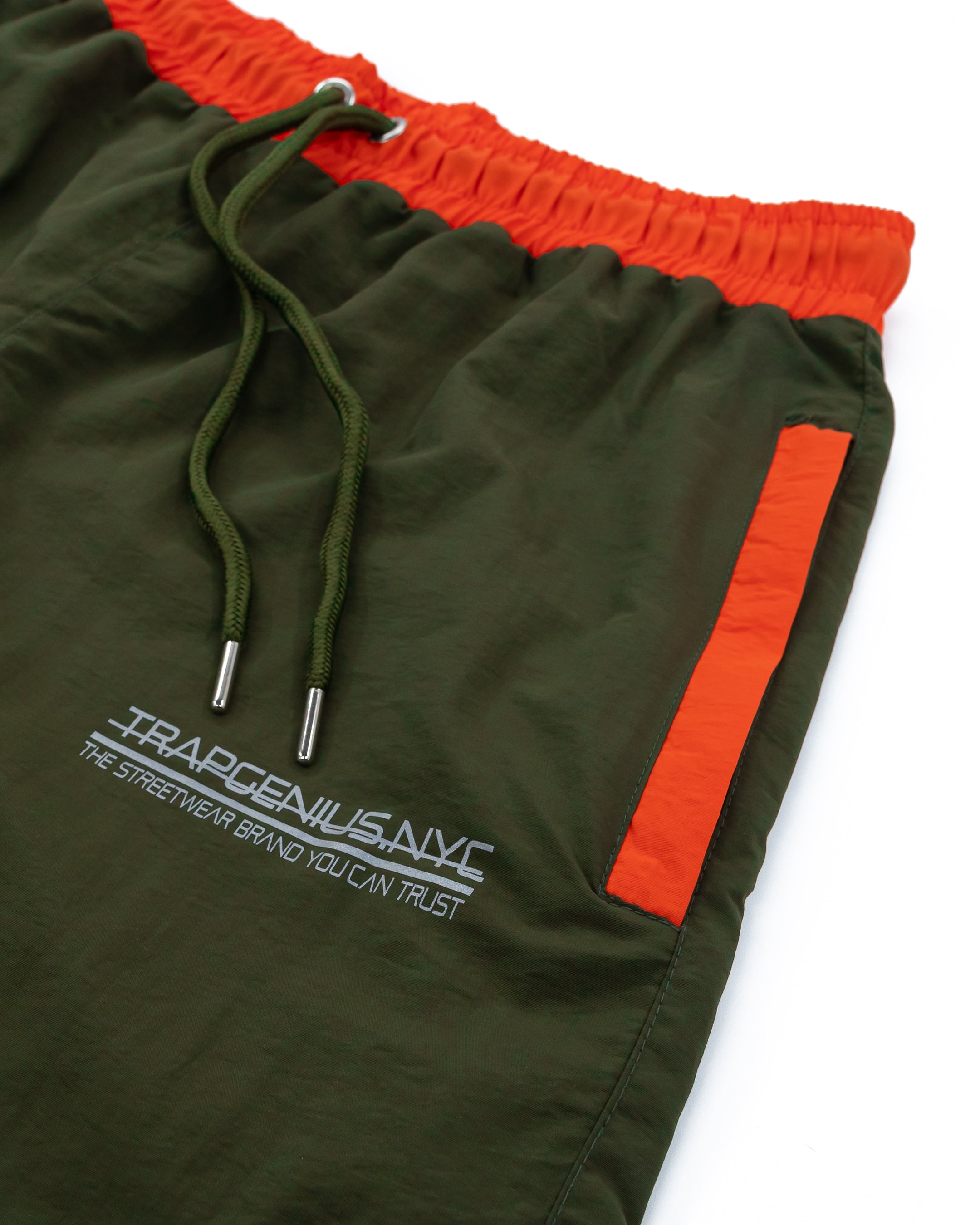 Trap Genius Bag logo Nylon Shorts- Olive Green