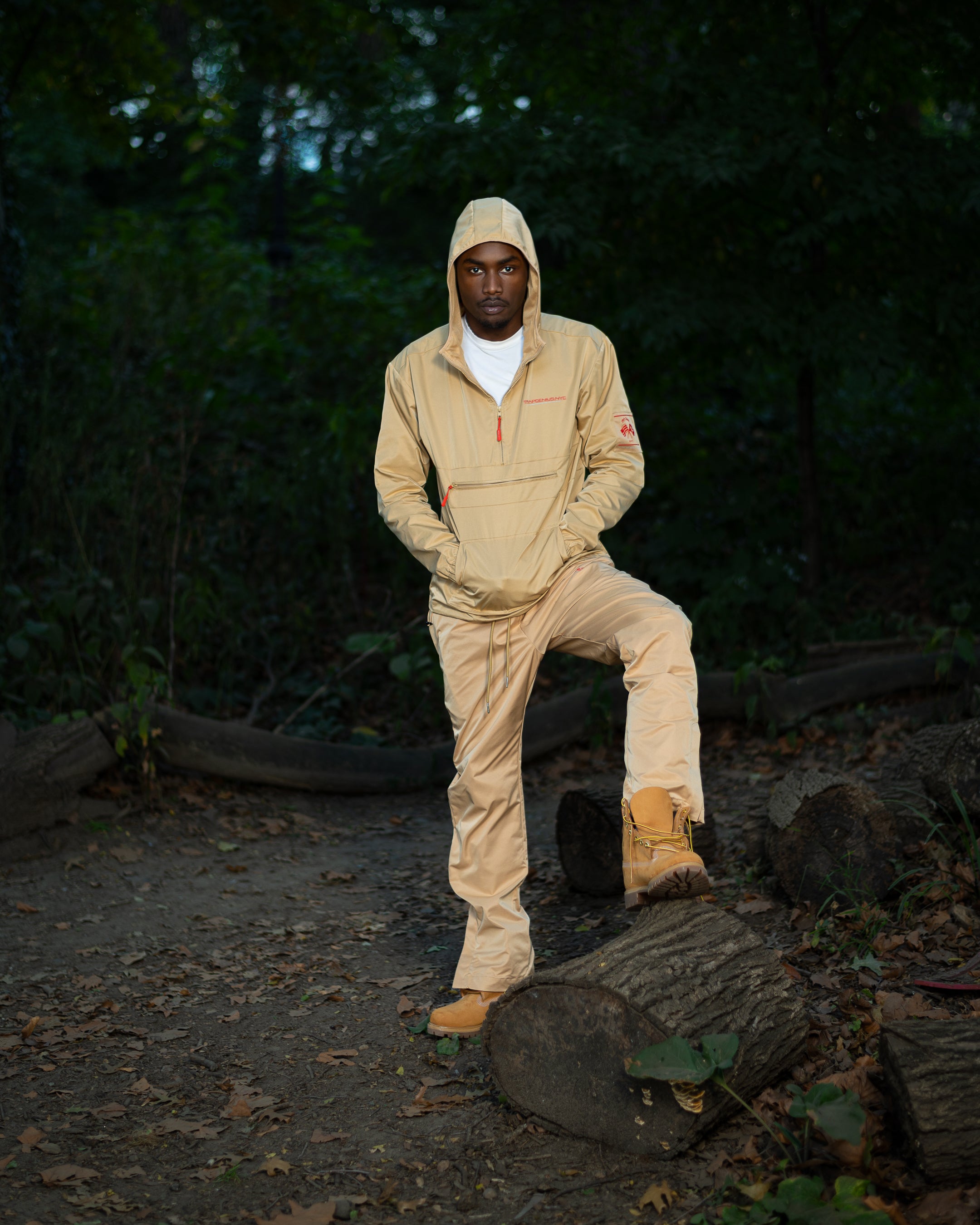Trap Genius Beige Nylon Pullover Hoodie