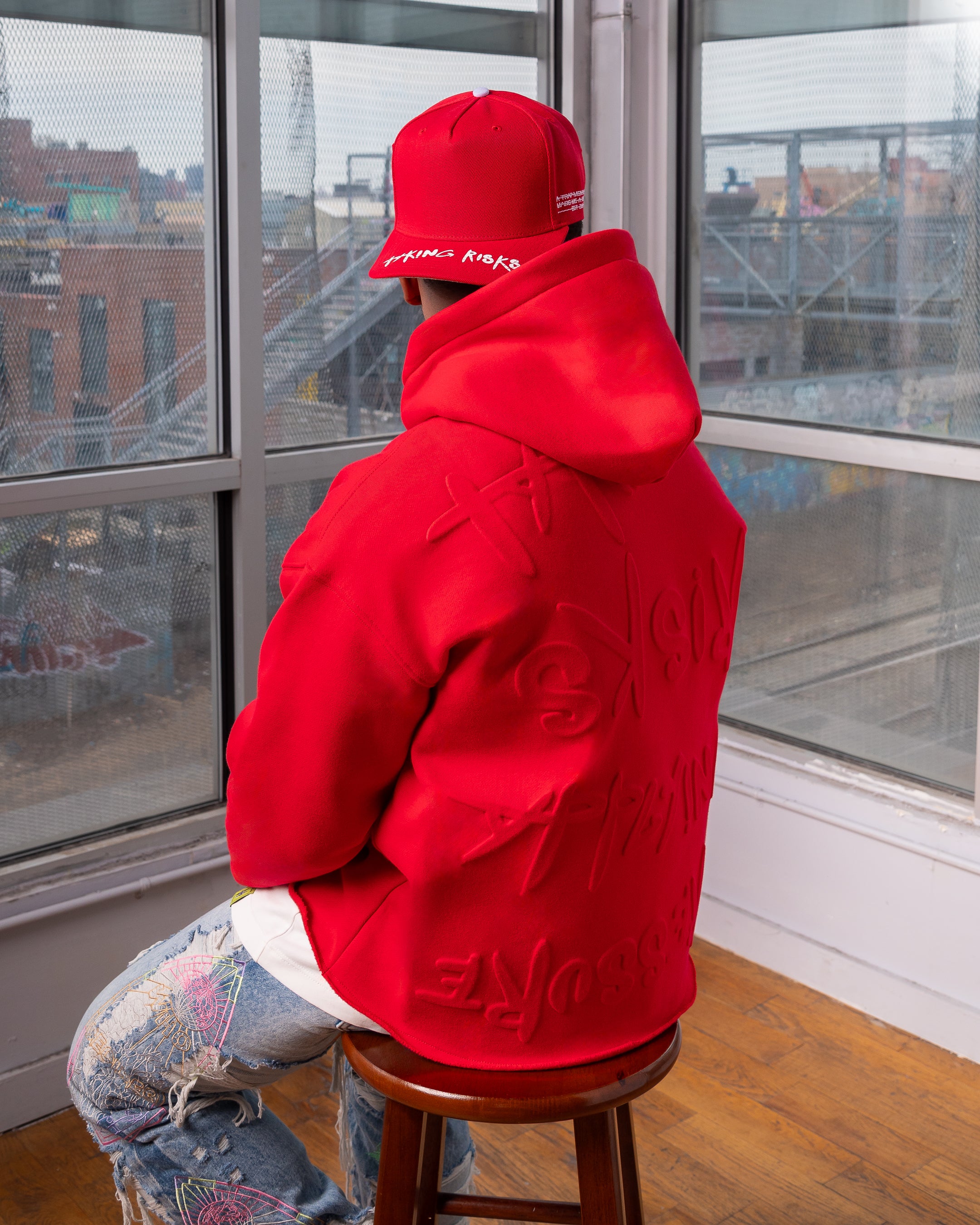 Taking Risks Embossed Hoodie-Red