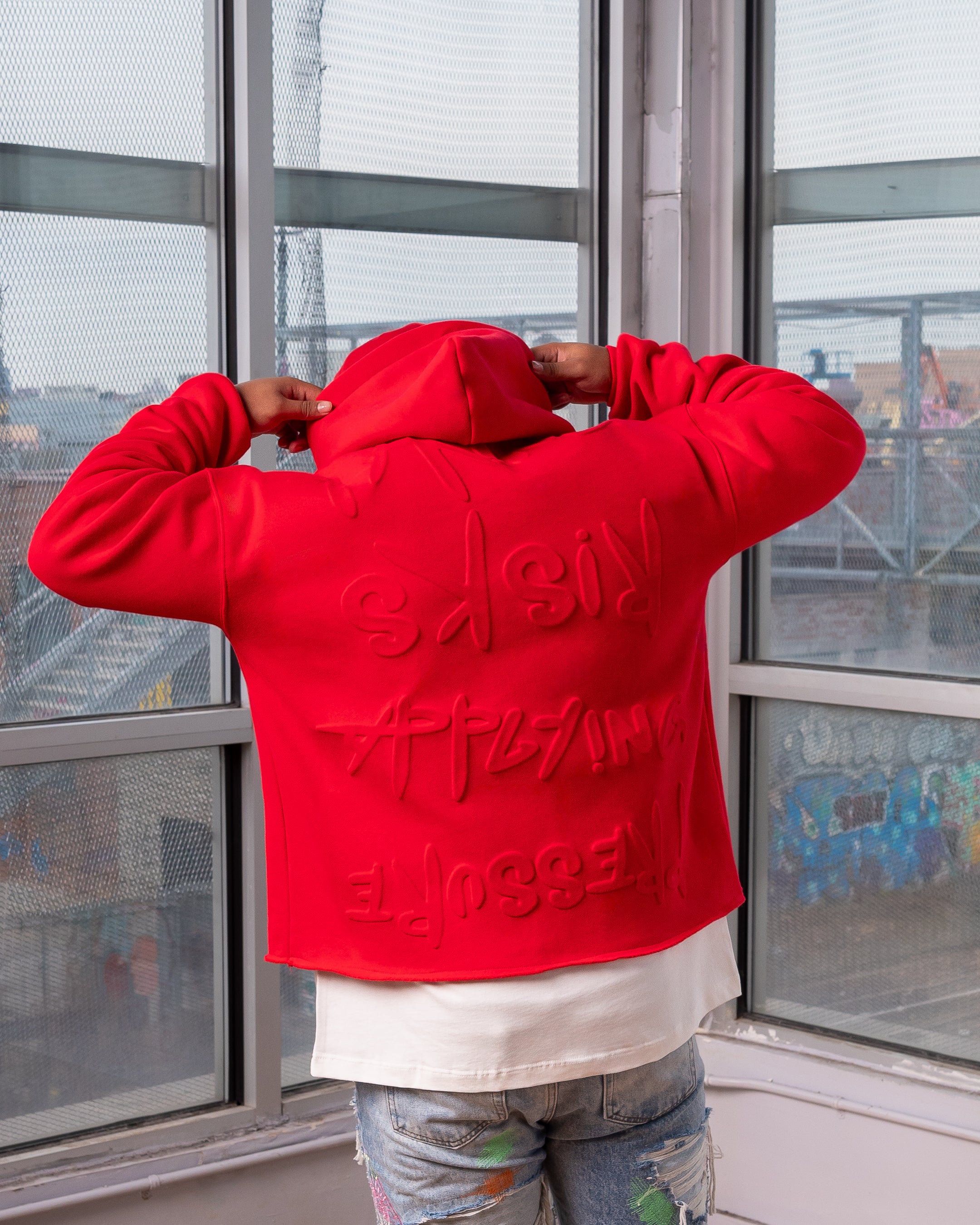 Taking Risks Embossed Hoodie-Red