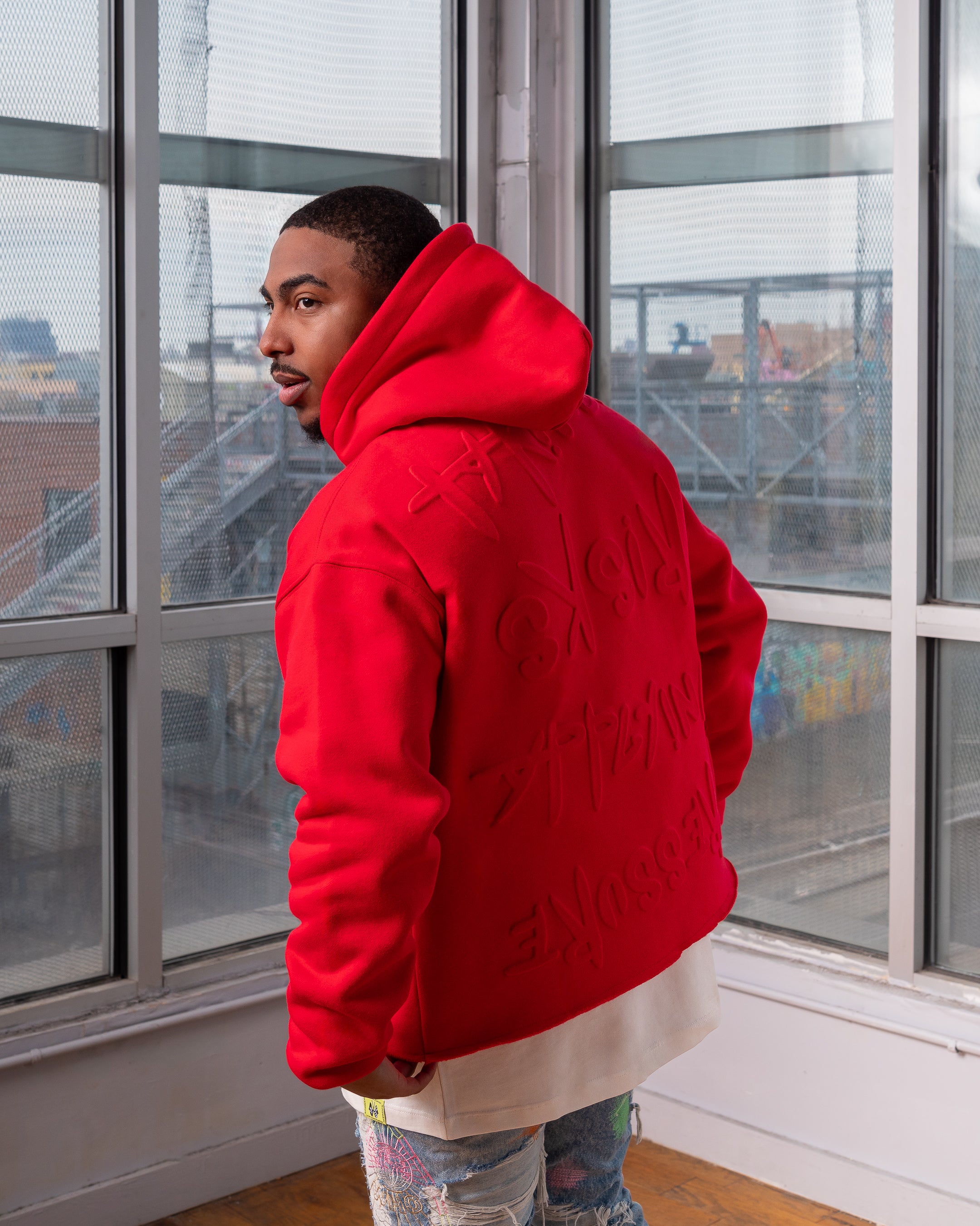 Taking Risks Embossed Hoodie-Red