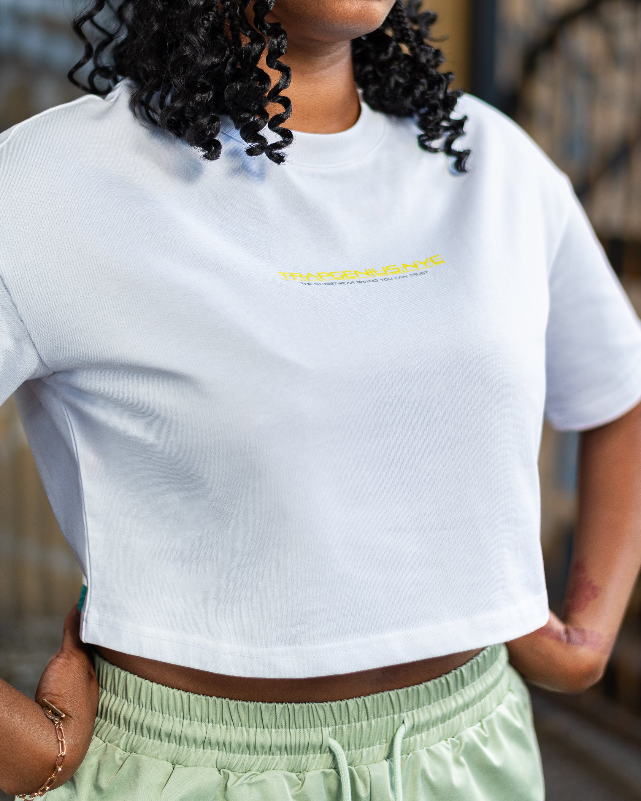 Trap Genius NYC Bag Logo Heavyweight T-shirt (White + Yellow)(Women)